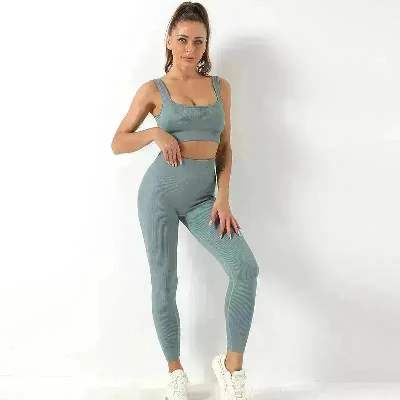 2pcs Thread Yoga Suit Seamless Bra And Butt Lifting High Waist Leggings Set For Women Sports Fitness Yoga Pants Sportswear Outfits Clothing