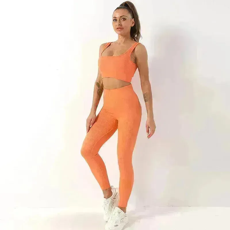 2pcs Thread Yoga Suit Seamless Bra And Butt Lifting High Waist Leggings Set For Women Sports Fitness Yoga Pants Sportswear Outfits Clothing