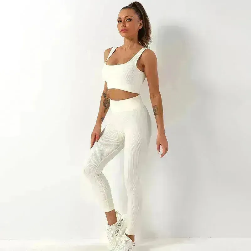 2pcs Thread Yoga Suit Seamless Bra And Butt Lifting High Waist Leggings Set For Women Sports Fitness Yoga Pants Sportswear Outfits Clothing