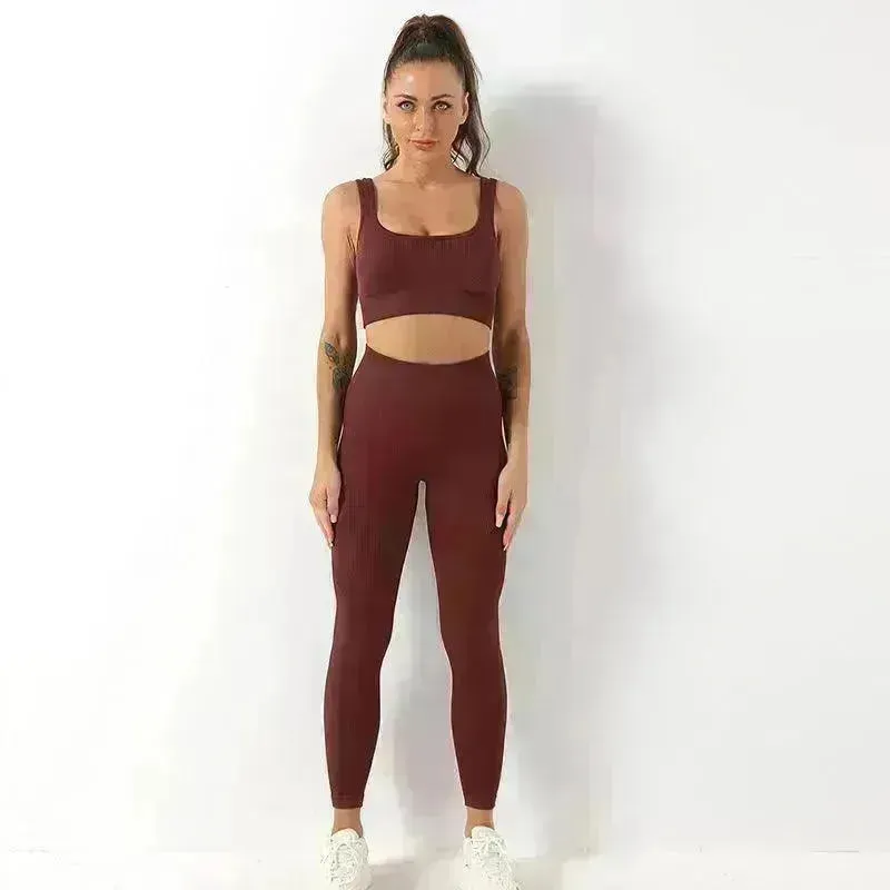 2pcs Thread Yoga Suit Seamless Bra And Butt Lifting High Waist Leggings Set For Women Sports Fitness Yoga Pants Sportswear Outfits Clothing