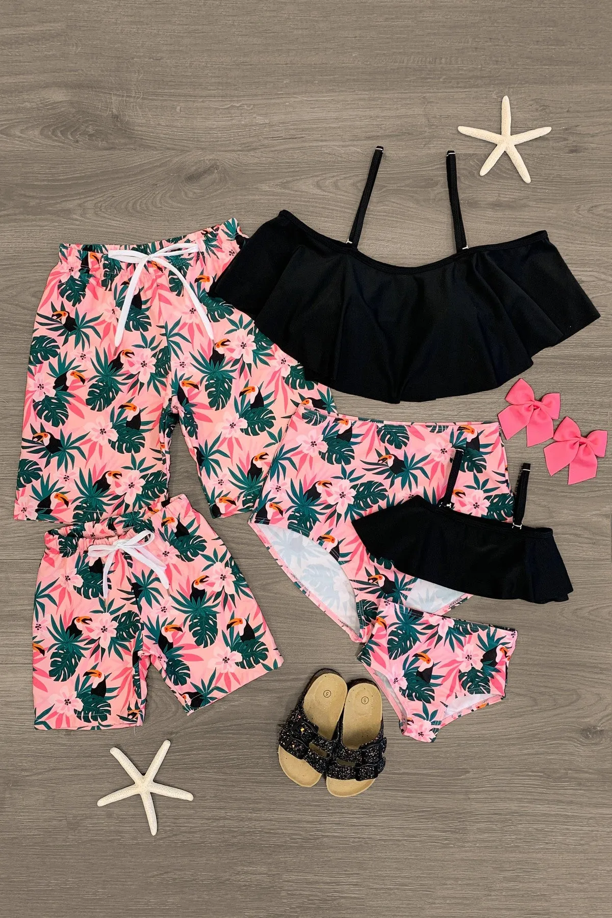 Black & Pink Tropical Family Swimsuits