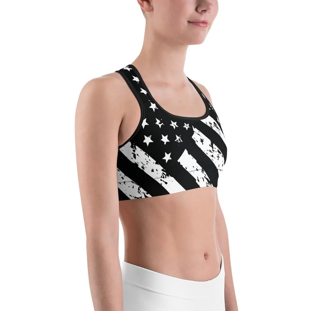 Black & White American Flag Sports Bra