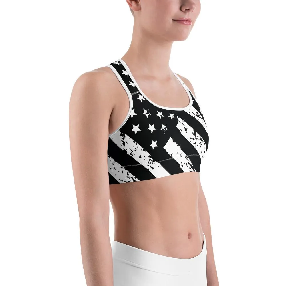 Black & White American Flag Sports Bra