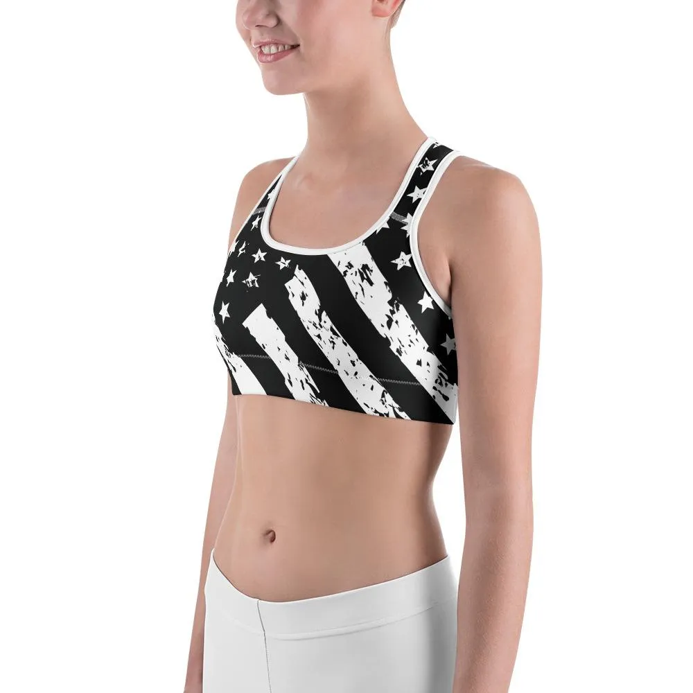 Black & White American Flag Sports Bra