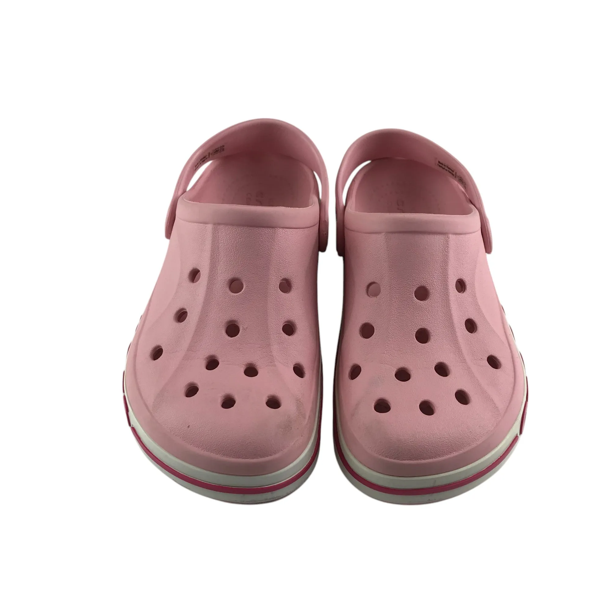 Crocs shoe size 13 junior pink with red stripe and text logo