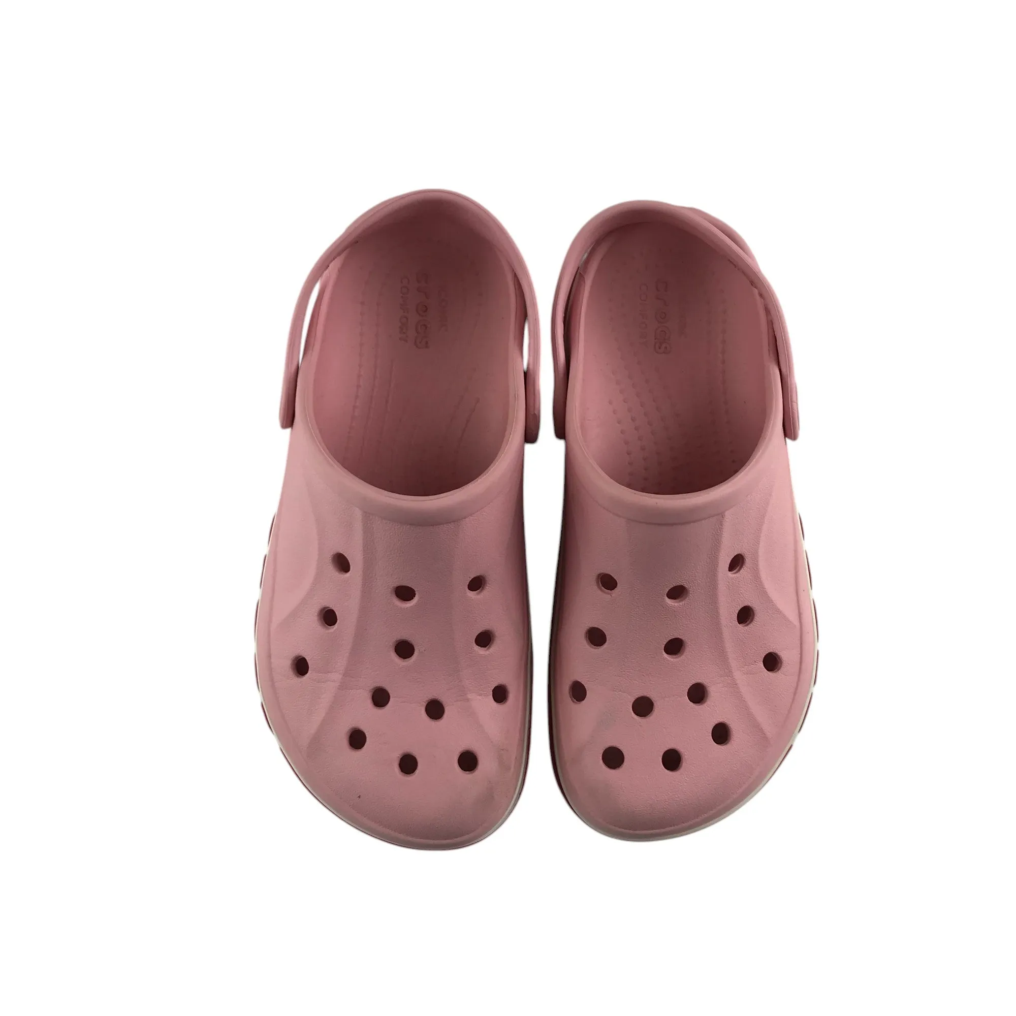 Crocs shoe size 13 junior pink with red stripe and text logo