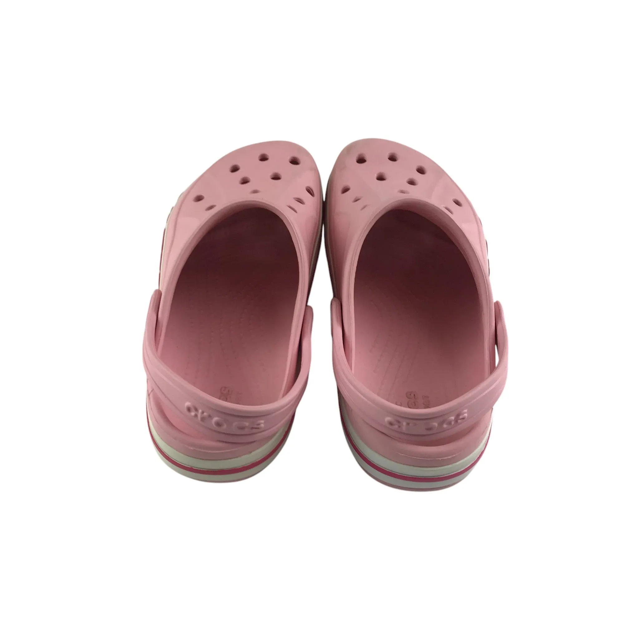 Crocs shoe size 13 junior pink with red stripe and text logo