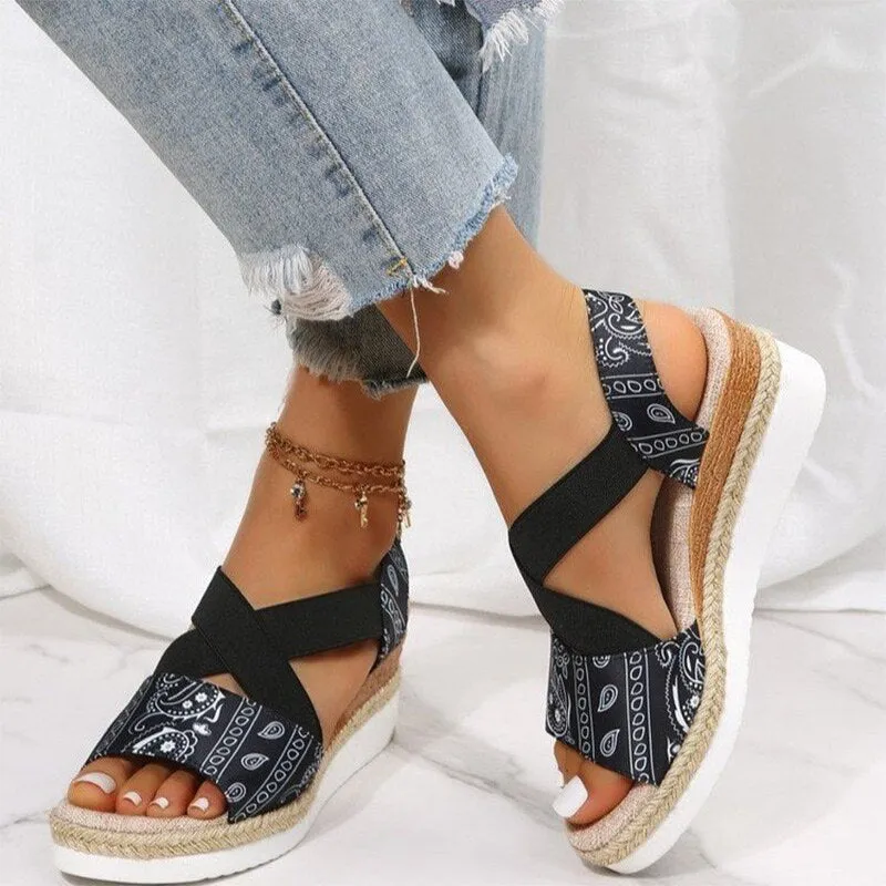 Wedges Sandals Peep Toe Ladies Cross-Tied Slides