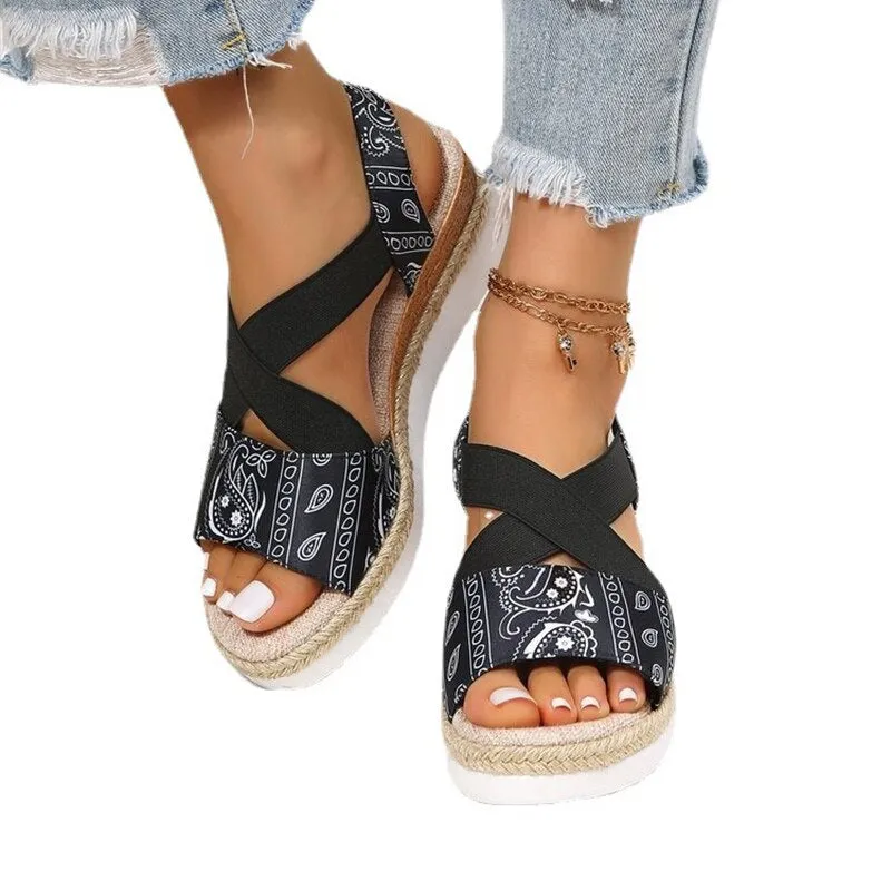 Wedges Sandals Peep Toe Ladies Cross-Tied Slides