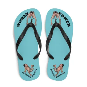 Woman Power Fabric Top Flip Flop Sandal Has Men Bow To Your Toes Robin Egg Blue Color with Black Letters (NEW 2023-04)